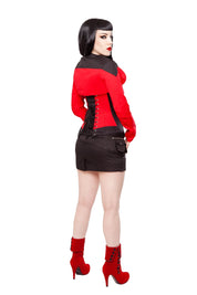 Corsé de acero deshuesado Playgirl largo sobrebusto negro y rojo