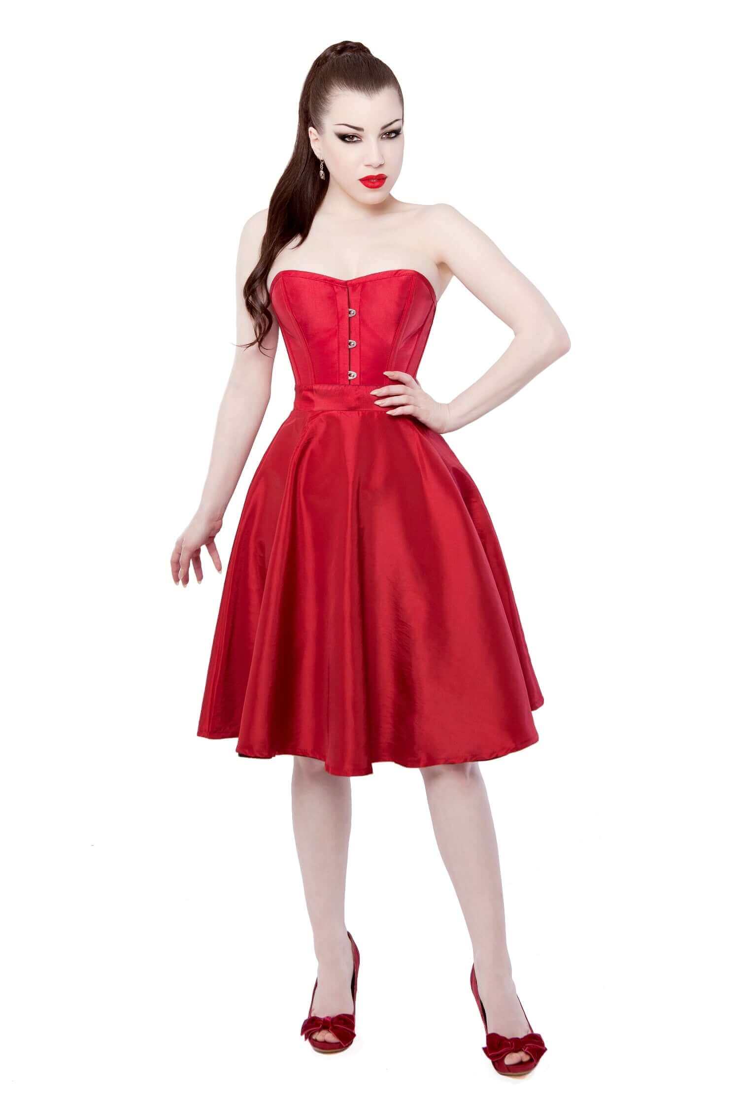 Red Tafetta Corset Dress With Long Corset