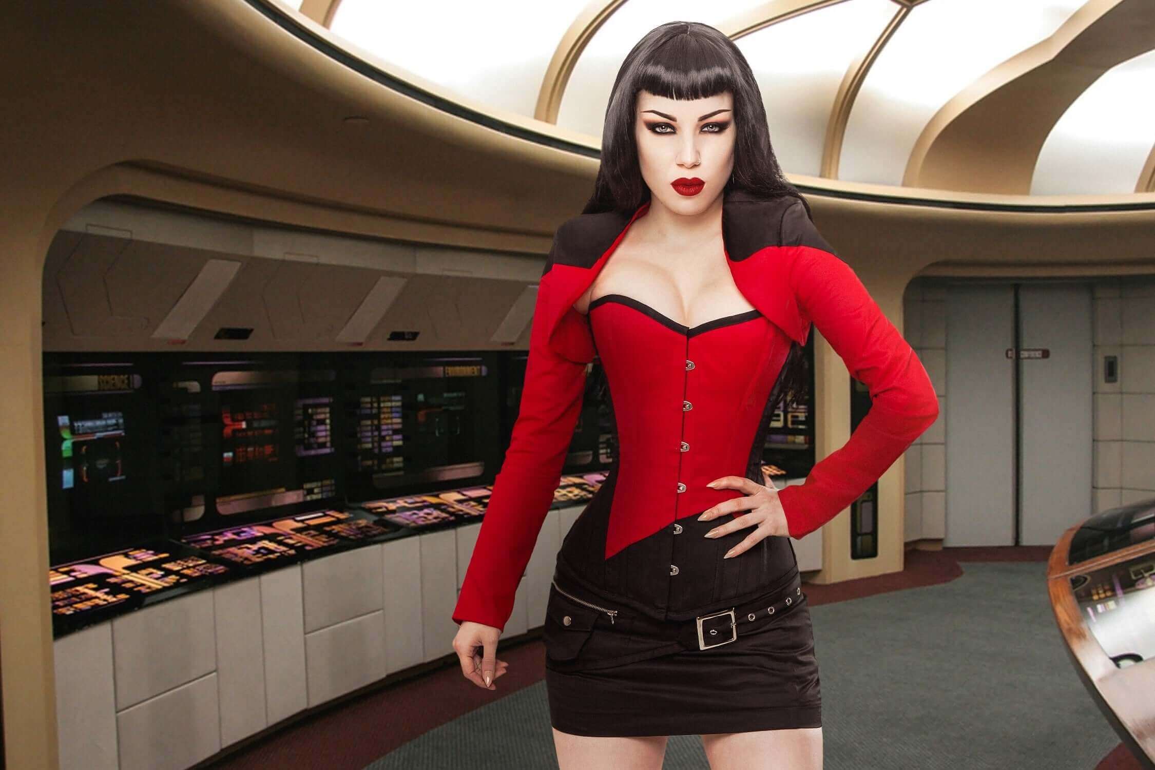 Black/Red Captain 1st Officer Steel Boned Corset & Shrug